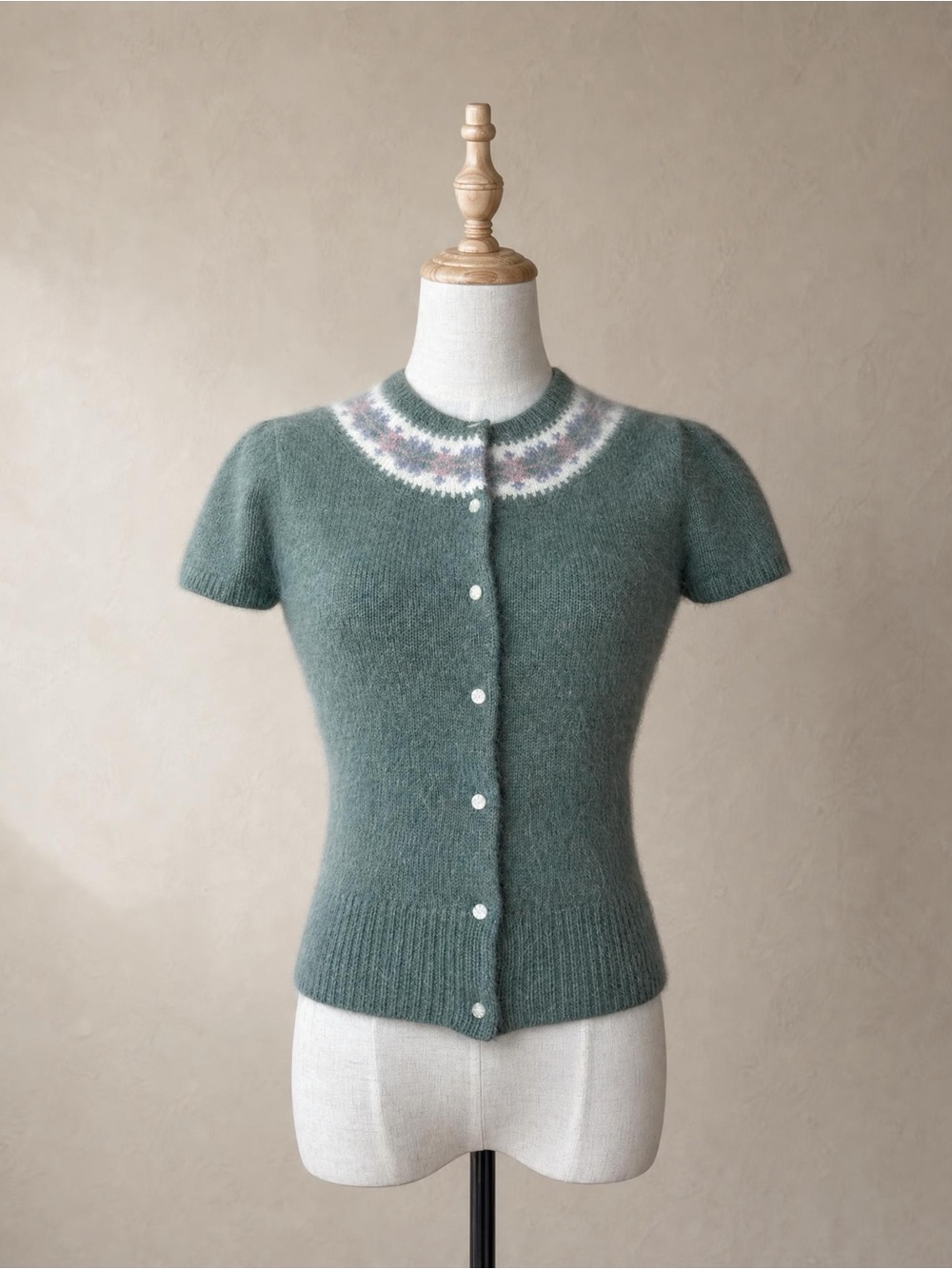 Ralph Lauren Blue Label c. 1990s Angora Fair Isle Cardigan Sweater Celadon | S